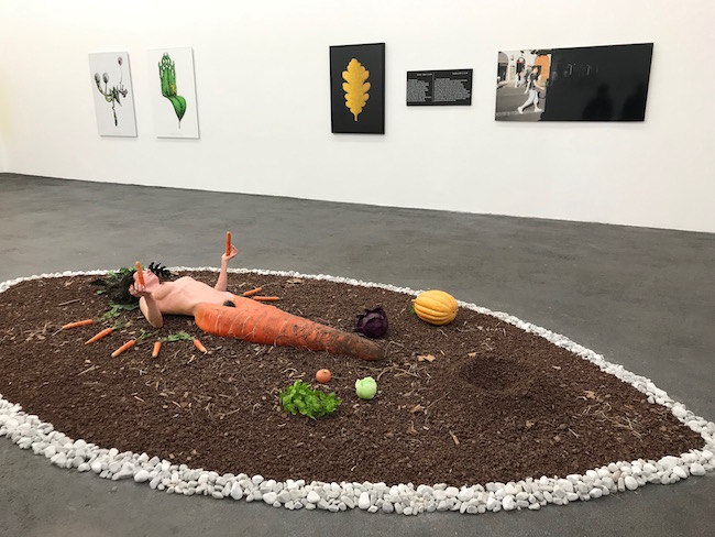Luigi Serafini, au sol Perséphone C., (2005, résine peinte). Cette sculpture d'une femme carotte allongée sur un lit de terre évoque Perséphone, déesse vivant entre deux mondes, entre la vie et la mort. ©RIvaud/NAJA