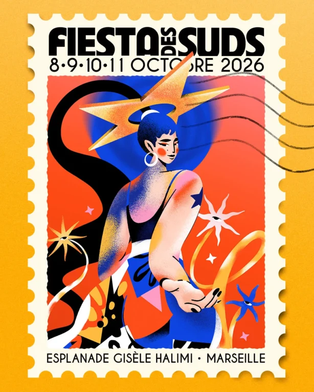 Une affiche en forme de timbre poste conforme à l'ADN de la Fiesta des Suds. © Creestal 2026